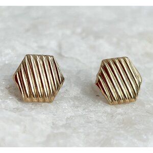 Dainty Tiny Gold Toned Hexagon Shaped Striped Textured Mini Stud Earrings